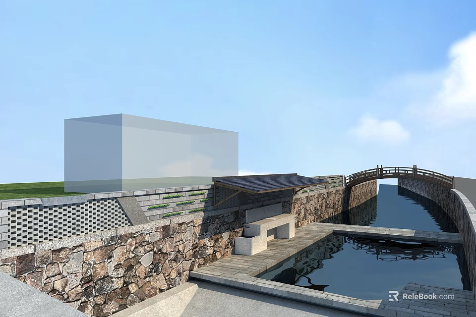 Traditional Garden Landscape With Stone Wall Wooden Bridge Water Canal And Stone Steps 3d model 