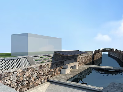 Traditional Garden Landscape With Stone Wall Wooden Bridge Water Canal And Stone Steps 3d model