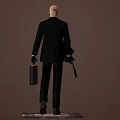 Man in Black Suit with Red Tie Holding Gun and Briefcase Standing Against Brown Background