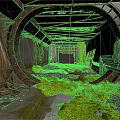 Abandoned Tunnel Interior With Round Metal Frame Exposed Beams Damaged Walls And Mossy Debris