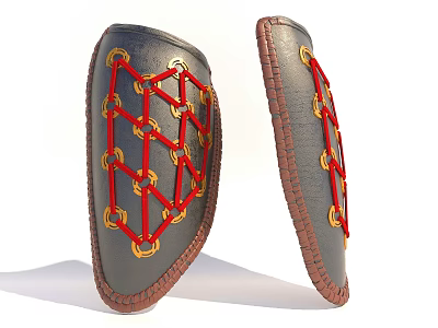 Medieval Style Arm Bracers With Dark Leather Red Knots And Gold Buckles 3d model