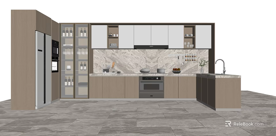 Modern Kitchen With Wooden And Glass Door Cabinets Marble Countertop And Appliances 3d model 