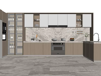 Modern Kitchen With Wooden And Glass Door Cabinets Marble Countertop And Appliances 3d model