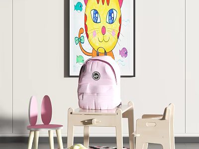 Kids Wooden Desk with Pink Backpack and Chairs Near Wall Cartoon Cat Painting 3d model