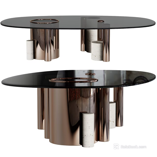Modern Round Coffee Table With Black Glass Top And Rose Gold Cylindrical Legs 3d model 