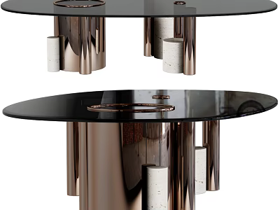 Modern Round Coffee Table With Black Glass Top And Rose Gold Cylindrical Legs 3d model
