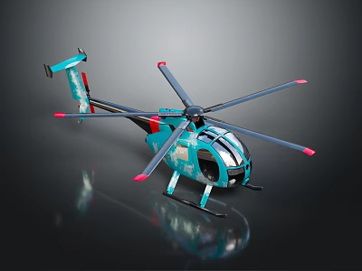 Turquoise Helicopter Model with Modern Stylish Design and Red Tip Rotors on Reflective Surface 3d model