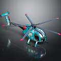 Turquoise Helicopter Model with Modern Stylish Design and Red Tip Rotors on Reflective Surface