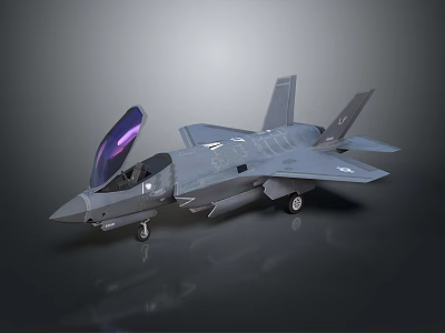 Modern Gray Fighter Jet With Open Canopy Sleek Design On Reflective Ground 3d model Modern Gray Fighter Jet With Open Canopy Sleek Design On Reflective Ground 3d model