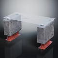 Modern Table Design With Concrete Block Supports Transparent Glass Top And Red Bases