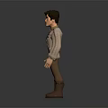 Cartoon Male Character Standing In Light Coat Pink Inner Shirt Brown Pants Boots Gray Background