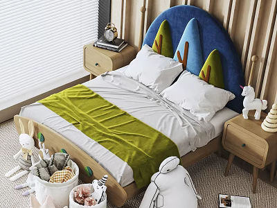 Children Bed with Blue Headboard Green Mountain Shapes White Pillow Green Blanket and Wooden Nightstand 3d model