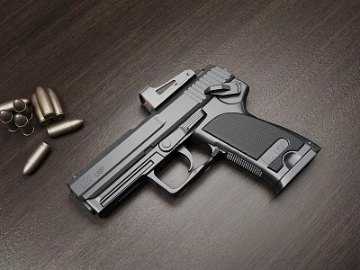 Close Up Of Black Pistol With Bullets On Dark Wooden Table 3d model