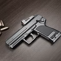 Close Up Of Black Pistol With Bullets On Dark Wooden Table