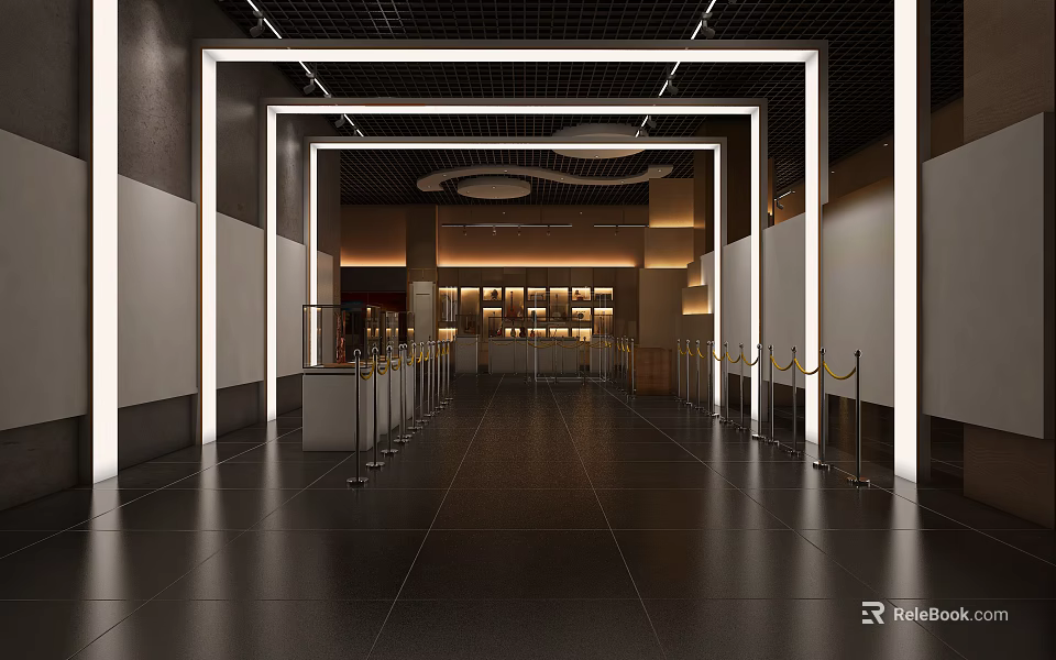 Spacious Modern Interior Entrance With White Columns Black Floor And Shelves Lighting 3d model 