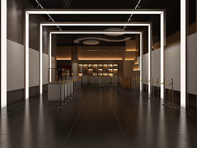 Spacious Modern Interior Entrance With White Columns Black Floor And Shelves Lighting 3d model
