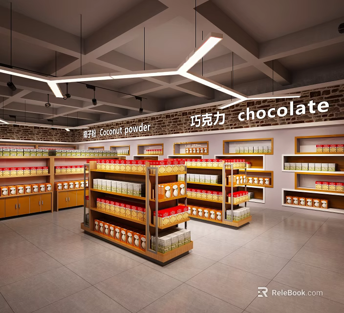 Organized Supermarket Grocery Store with Shelves Stocked with Cocoa Powder Chocolate Products and Bright Lighting 3d model 