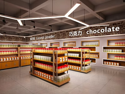 Organized Supermarket Grocery Store with Shelves Stocked with Cocoa Powder Chocolate Products and Bright Lighting 3d model