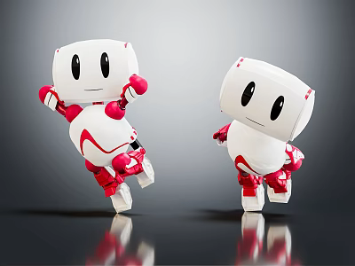 Smart Robots With White And Red Design Dancing Playfully On Reflective Surface 3d model