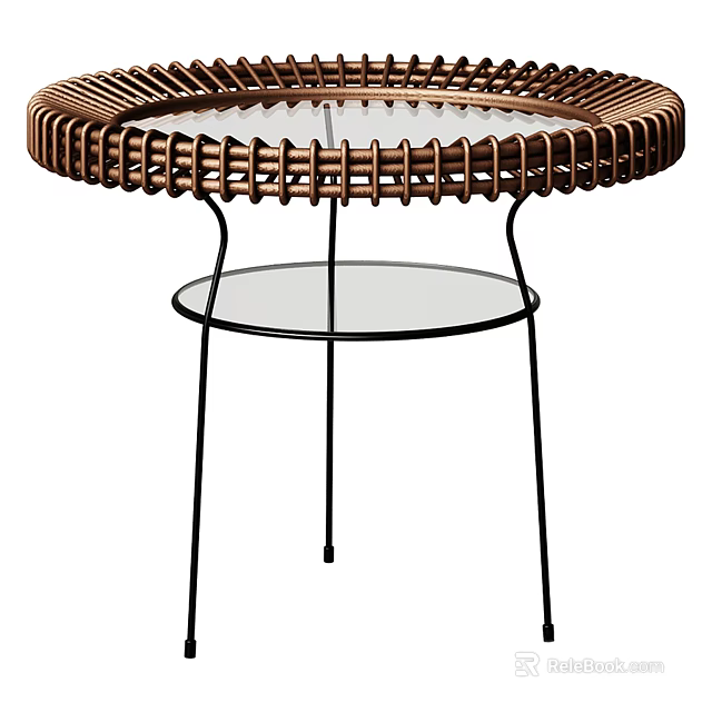 Brown Woven Top Coffee Table With Round Glass Tabletop And Black Metal Legs Lower Shelf 3d model 