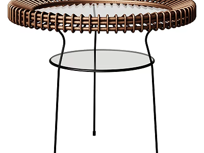 Brown Woven Top Coffee Table With Round Glass Tabletop And Black Metal Legs Lower Shelf 3d model