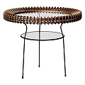 Brown Woven Top Coffee Table With Round Glass Tabletop And Black Metal Legs Lower Shelf