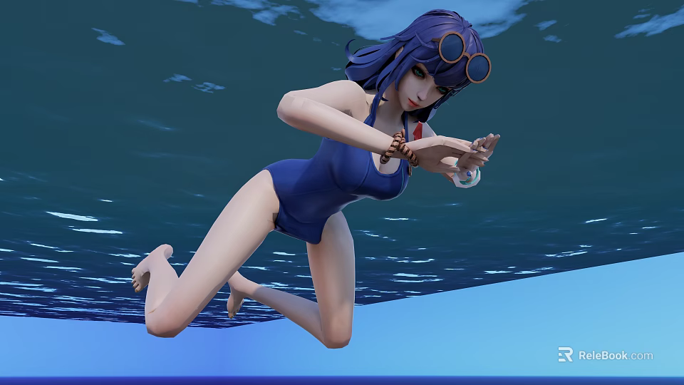 Woman In Blue Swimsuit Swimming Underwater With Goggles And Small Object 3d model 