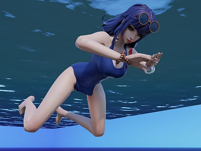 Woman In Blue Swimsuit Swimming Underwater With Goggles And Small Object 3d model