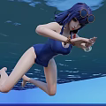 Woman In Blue Swimsuit Swimming Underwater With Goggles And Small Object