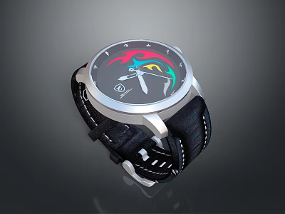 Metal Case Stylish Wrist Watch With Black Leather Strap And Colorful Dial Design 3d model