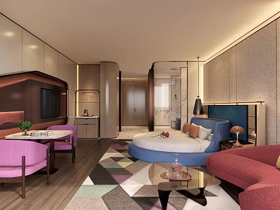 Elegant Modern Hotel Guest Room With Round Bed Sofa Chairs And Colorful Carpet 3d model