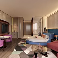 Elegant Modern Hotel Guest Room With Round Bed Sofa Chairs And Colorful Carpet