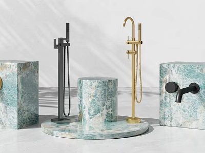 Elegant Bathroom Accessories Featuring Marble Base And Black Gold Metal Faucet Shower Head 3d model