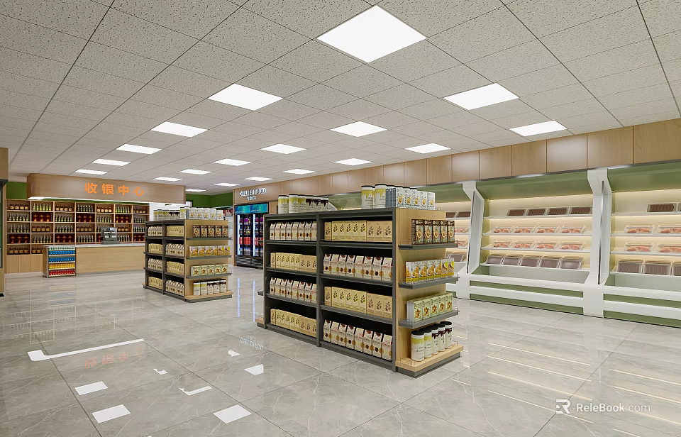Brightly Lit Supermarket Department Store With Shelves Products Refrigerated Displays And Organized Layout 3d model 