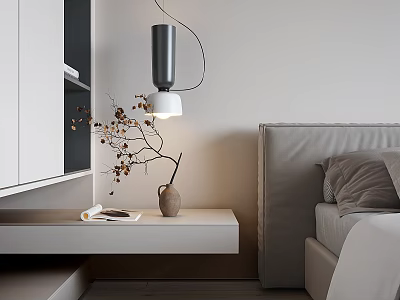 Modern White Bedside Table With Vase Book And Pendant Light In Minimalist Bedroom 3d model