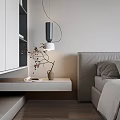 Modern White Bedside Table With Vase Book And Pendant Light In Minimalist Bedroom