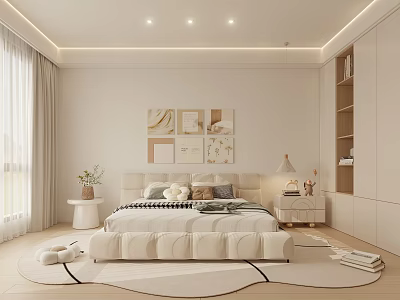 Modern Minimalist Bedroom Interior With Decorative Paintings Soft Bed Nightstand Lamp And Cozy Rug 3d model