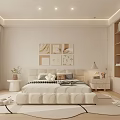 Modern Minimalist Bedroom Interior With Decorative Paintings Soft Bed Nightstand Lamp And Cozy Rug