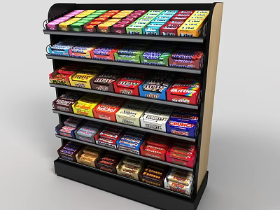 Retail Display Shelf with Multiple Tiers Fully Stocked with Colorful Chocolate Bars 3d model