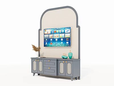 Modern Gray TV Stand With TV Screen Decorative Vases And Storage Drawers 3d model