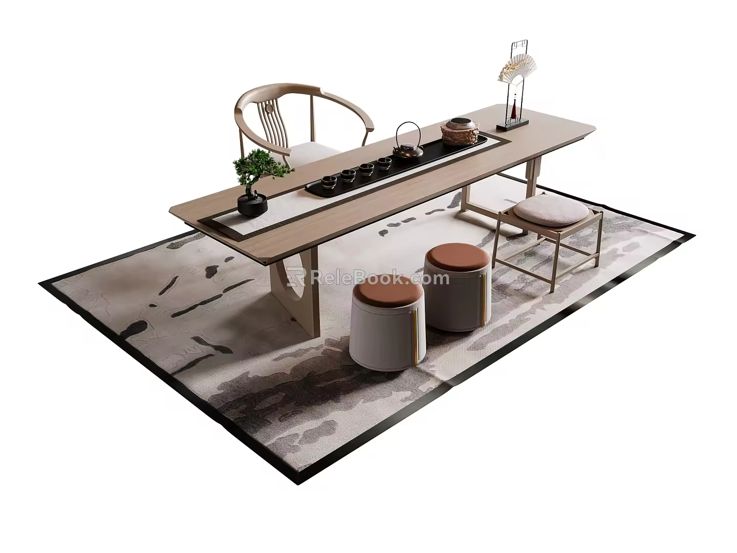 New Chinese Style Tea Table and Chair Low Stool Carpet 3d model