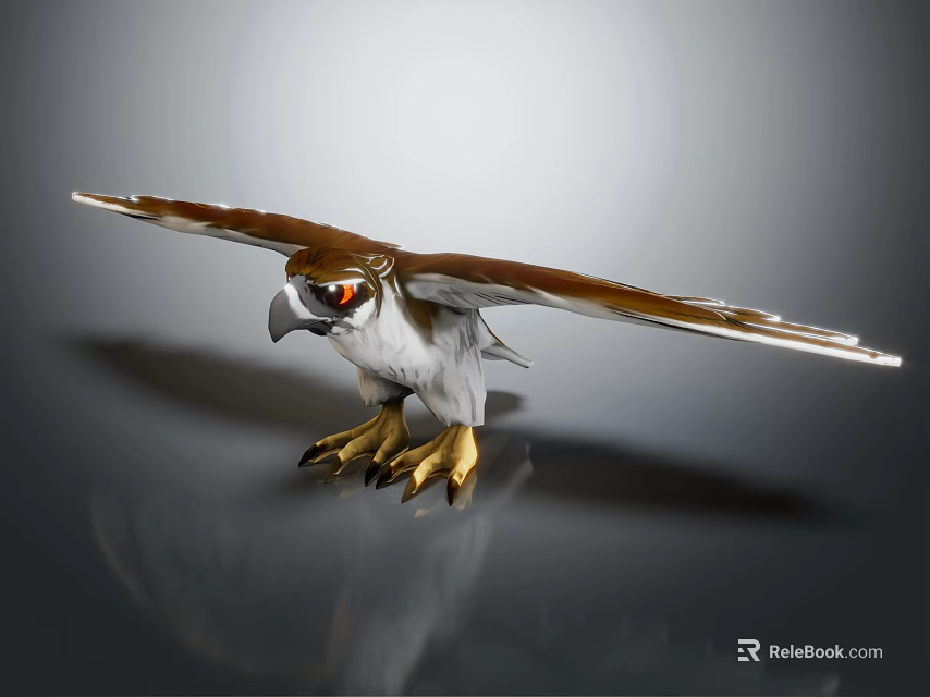 Majestic Falcon with Spread Brown White Wings Red Eyes Yellow Talons Standing on Smooth Surface 3d model 