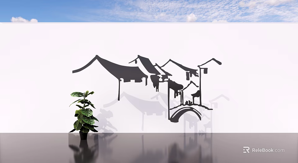 Decorative White Background Wall With Traditional Chinese Architecture Silhouettes And Green Plant 3d model 