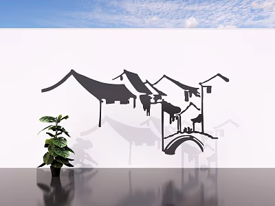 Decorative White Background Wall With Traditional Chinese Architecture Silhouettes And Green Plant 3d model