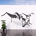 Decorative White Background Wall With Traditional Chinese Architecture Silhouettes And Green Plant