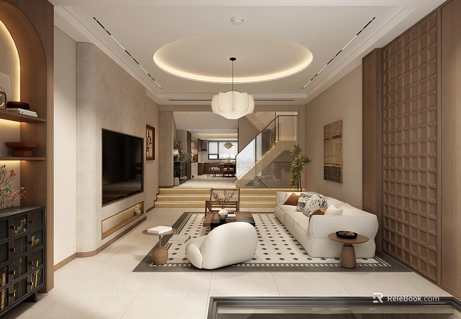 Cozy Warm Modern Living Room Interior Design With Soft Sofas And Wooden Decor Elements 3d model 