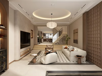 Cozy Warm Modern Living Room Interior Design With Soft Sofas And Wooden Decor Elements 3d model