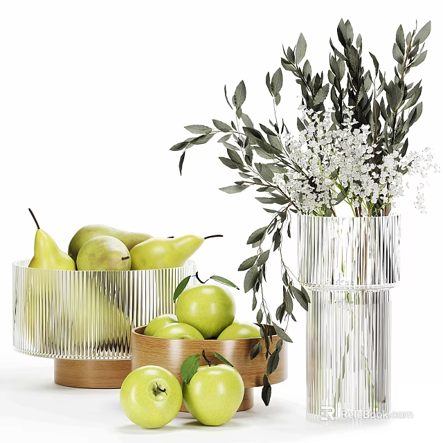 Decorative Ornament Set With Green Pears Apples Transparent Vase Wooden Bowl And Foliage 3d model 