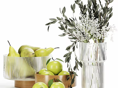 Decorative Ornament Set With Green Pears Apples Transparent Vase Wooden Bowl And Foliage 3d model