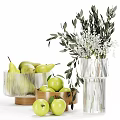 Decorative Ornament Set With Green Pears Apples Transparent Vase Wooden Bowl And Foliage
